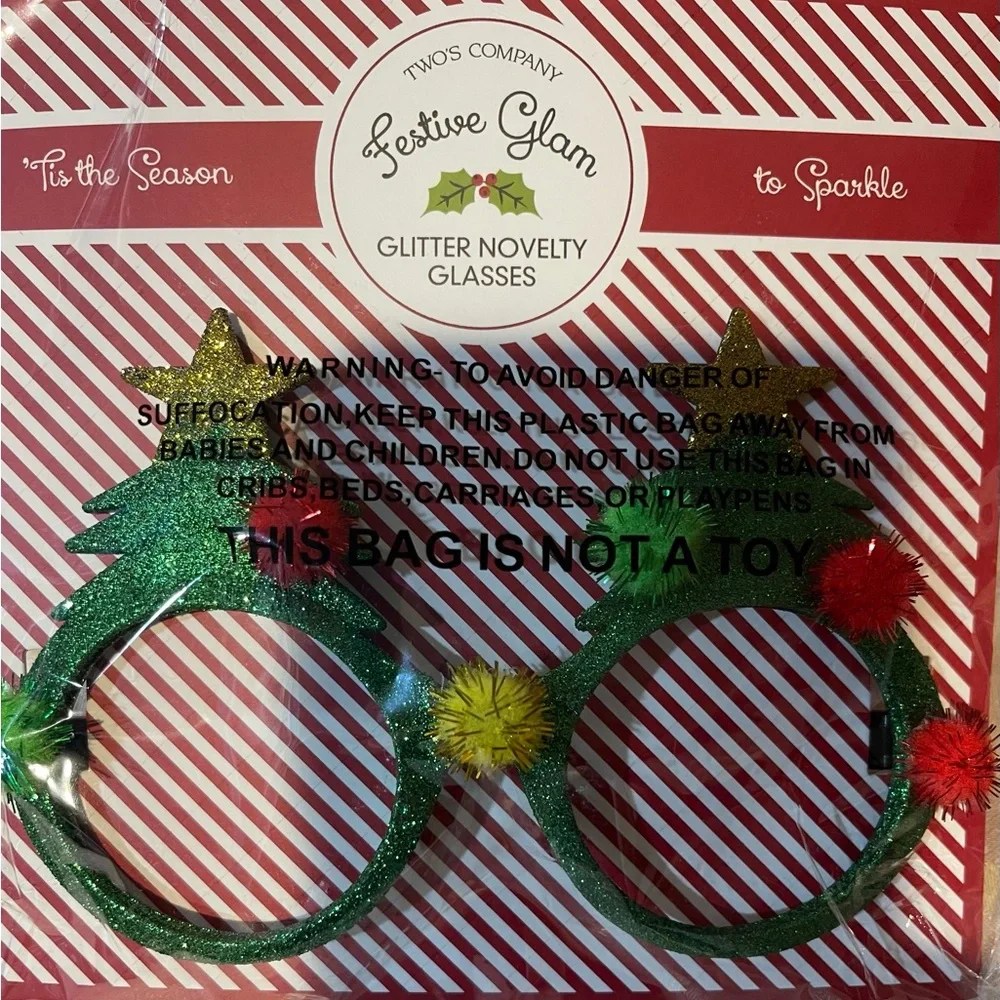 Two's Company Festive Glam Glitter Glasses - Green and Yellow